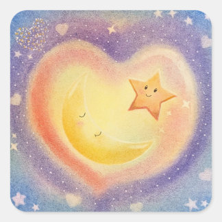 Pegatina Cuadrada Diseño de Cielo Soñador con Estrellas y Luna en Pa
