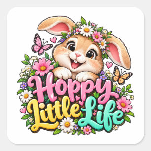 Pegatina Cuadrada Diseño de conejo de vida feliz