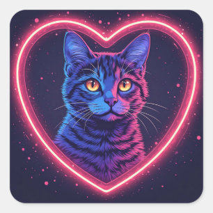 Pegatina Cuadrada Diseño de corazón de gato neon - Amor de gatito br