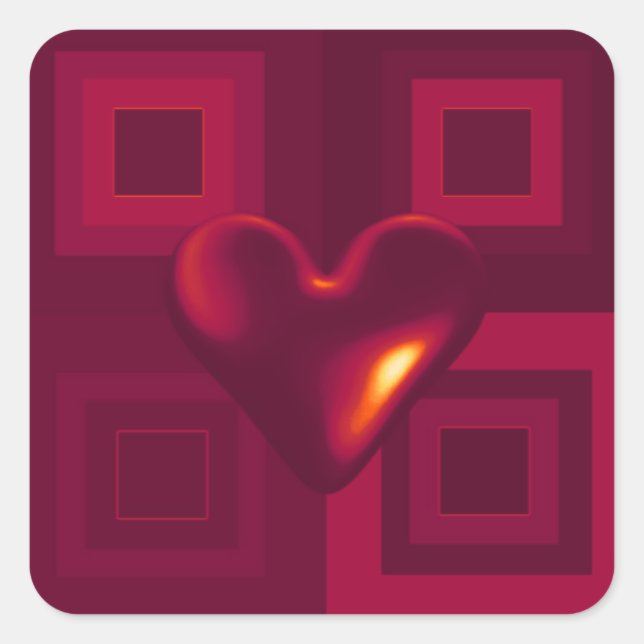 Pegatina Cuadrada Diseño de Corazón Rojo Rubí (Anverso)