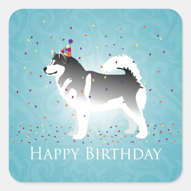 Pegatina Cuadrada Diseño de cumpleaños de Alaskan Malamute (Anverso)