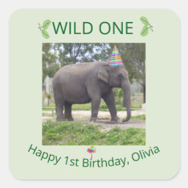 Pegatina Cuadrada Diseño de cumpleaños de elefante salvaje uno