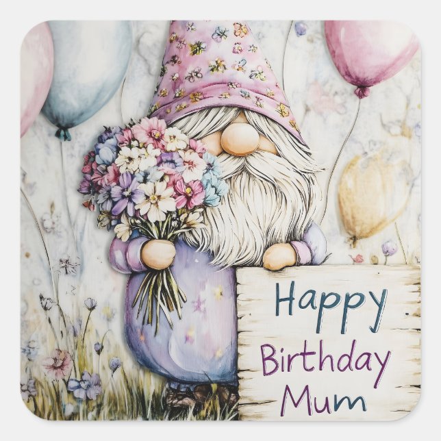 Pegatina Cuadrada Diseño de cumpleaños de Gnome Cute para Mamá (Anverso)