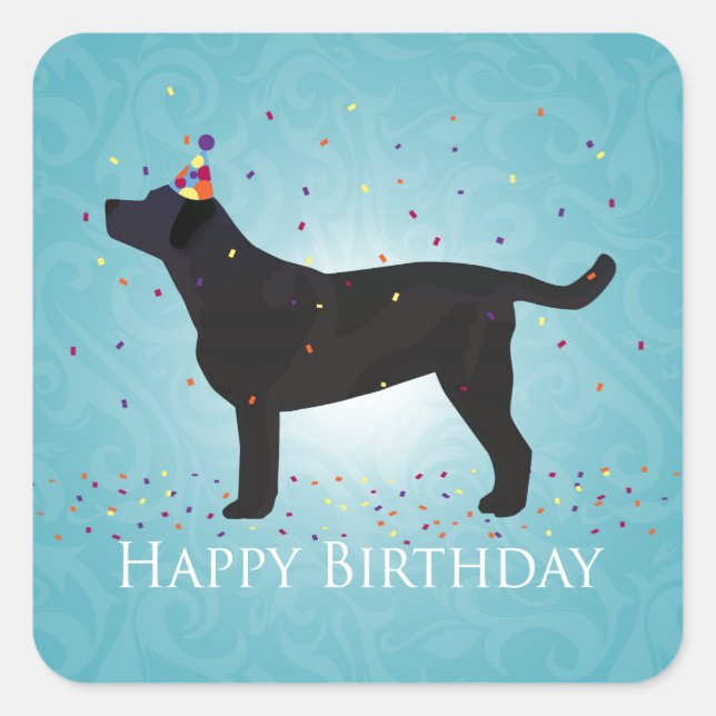 Pegatina Cuadrada Diseño de cumpleaños feliz de Black Lab (Anverso)