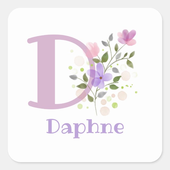 Pegatina Cuadrada Diseño de Daphne & Flowers con nombre inicial adic (Anverso)