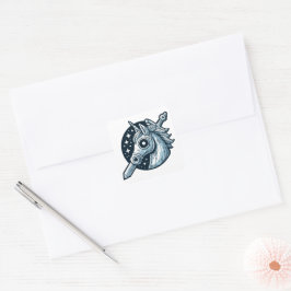 Pegatina Cuadrada Diseño de emblema místico de unicornio y espada