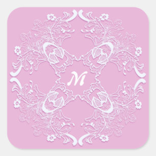 Pegatina Cuadrada Diseño de encaje rosa retro floral. Monograma.