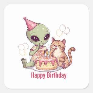 Pegatina Cuadrada Diseño de fiesta de cumpleaños de alienígena lindo