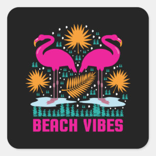 Pegatina Cuadrada Diseño de Flamencos Rosas Beach Vibes