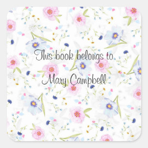 Pegatina Cuadrada Diseño de flores delicadas en exlibris. Editable.