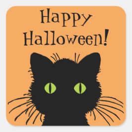 Pegatina Cuadrada Diseño de gato negro de Halloween con ojos verdes