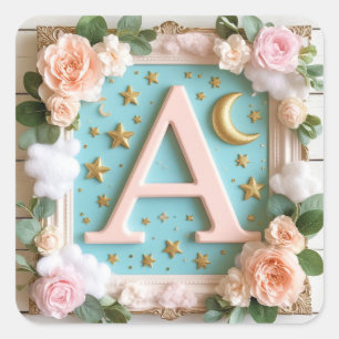 Pegatina Cuadrada 🌙 Diseño de guardería con monograma soñador 🌙