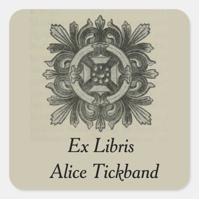 Pegatina Cuadrada Diseño de Hoja Vintage Exlibris Cuadrado (Anverso)