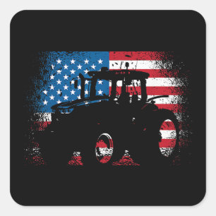 Pegatina Cuadrada Diseño de la bandera estadounidense de Tractor par