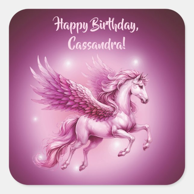 Pegatina Cuadrada Diseño de la fantasía de Birday Pink Pegasus (Anverso)