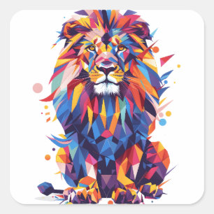 Pegatina Cuadrada Diseño de leones geométricos coloridos