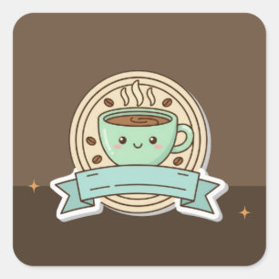 Pegatina Cuadrada Diseño de logotipo de taza de café Kawaii lindo -