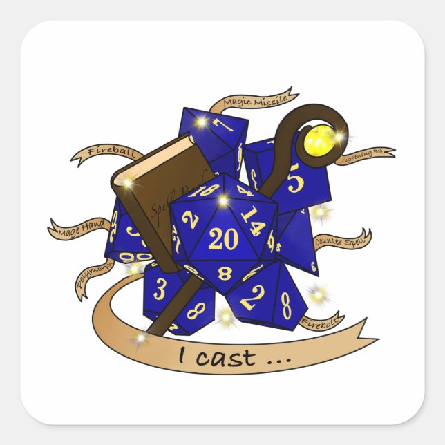 Pegatina Cuadrada Diseño de los dados del asistente (Anverso)