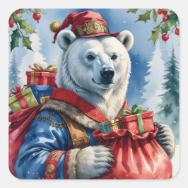 Pegatina Cuadrada Diseño de los Navidades Polar Bear Santa