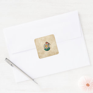 Pegatina Cuadrada Diseño de margarita y pájaro