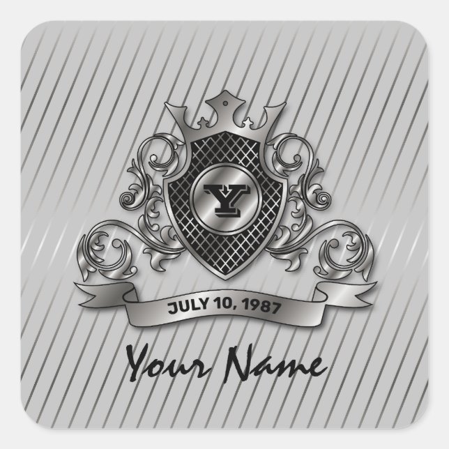 Pegatina Cuadrada Diseño de Monograma Elegante Personalizado Plata (Anverso)