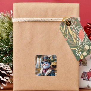 Pegatina Cuadrada Diseño de Navidad de muñeco de nieve victoriano