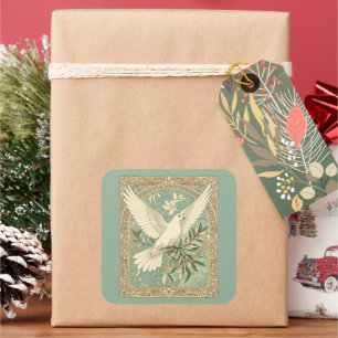 Pegatina Cuadrada Diseño de Navidad de paloma con rama de olivo