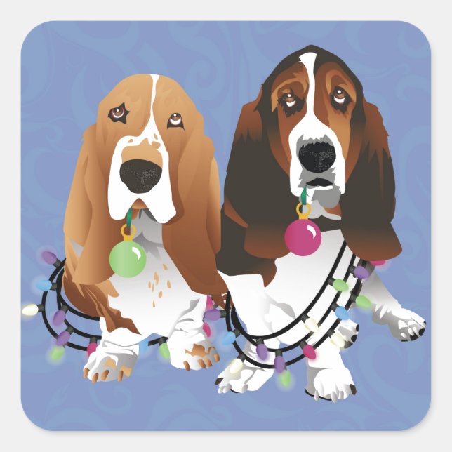 Pegatina Cuadrada Diseño de Navidades de Basset Hound Peace Love Joy (Anverso)