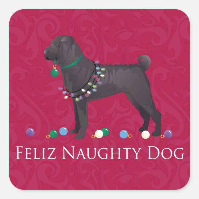 Pegatina Cuadrada Diseño de Navidades de perros traviesos chinos Sha (Anverso)