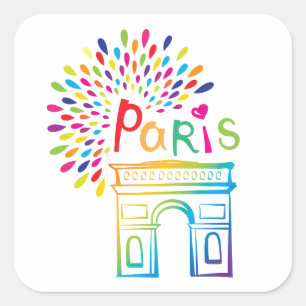 Pegatina Cuadrada Diseño de neón de París Francia el   Arco del