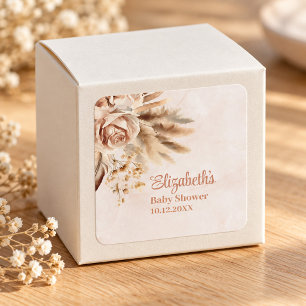Pegatina Cuadrada Diseño de nombre de baby shower Rosas Pampas Neutr