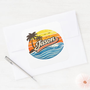 Pegatina Cuadrada Diseño de nombre Jason Retro Sunset