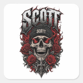 Pegatina Cuadrada Diseño de nombre personalizado Scott Gothic Skull