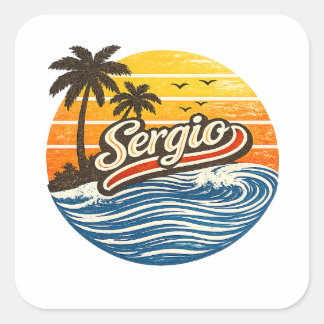 Pegatina Cuadrada Diseño de nombre Sergio Retro Sunset