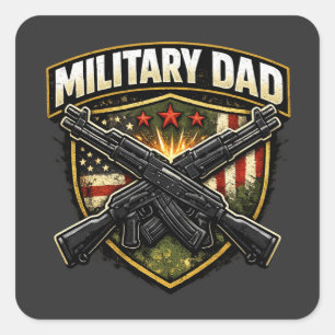 Pegatina Cuadrada Diseño de papá militar con rifles cruzados.
