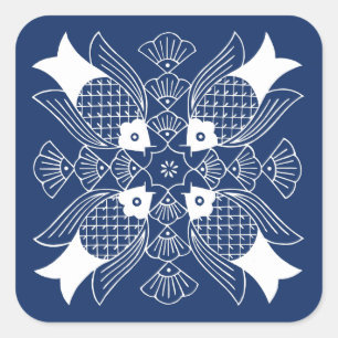 Pegatina Cuadrada Diseño de peces submarinos con fondo azul
