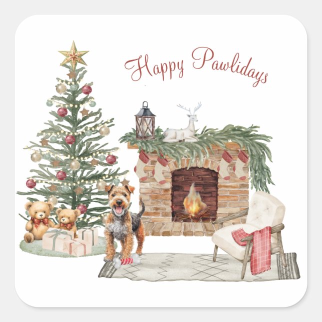 Pegatina Cuadrada Diseño de perro de Happy Pawlidays - Airedale (Anverso)