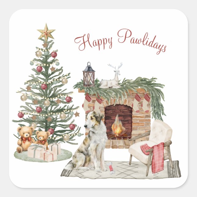 Pegatina Cuadrada Diseño de perro de Happy Pawlidays - Borzoi (Anverso)
