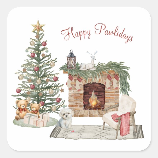 Pegatina Cuadrada Diseño de perro de Happy Pawlidays - Maltés (Anverso)