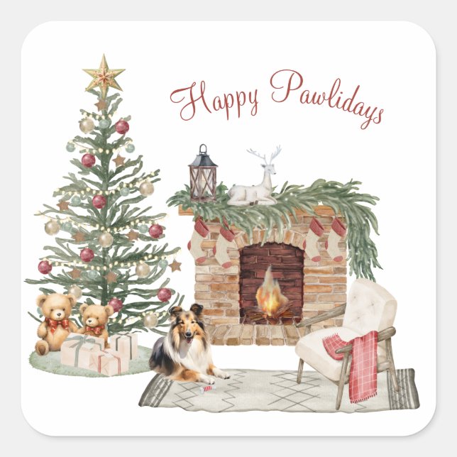 Pegatina Cuadrada Diseño de perro de Happy Pawlidays - Sheltie (Anverso)