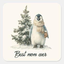 Pegatina Cuadrada Diseño de pingüino de invierno “Mejor Mamá del Mun