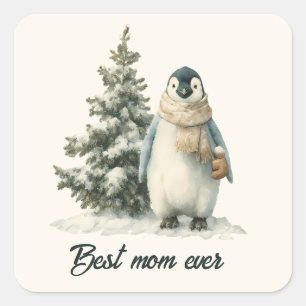 Pegatina Cuadrada Diseño de pingüino de invierno “Mejor Mamá del Mun