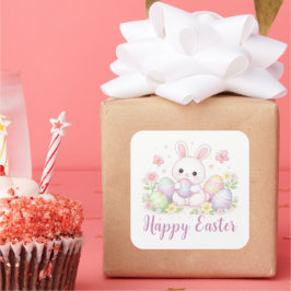 Pegatina Cuadrada Diseño de primavera de Pascua feliz - Conejito de 