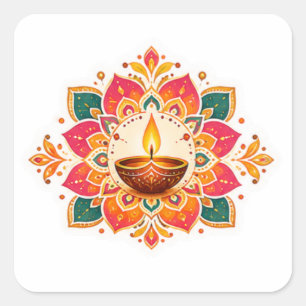 Pegatina Cuadrada Diseño de saludo de Diwali de Rangoli Diya Colorid