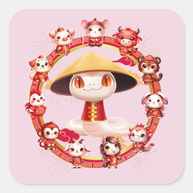 Pegatina Cuadrada Diseño de serpientes de Año Nuevo lunar chino 3 (Anverso)