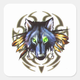 Pegatina Cuadrada Diseño de tatuajes de lobo tribal