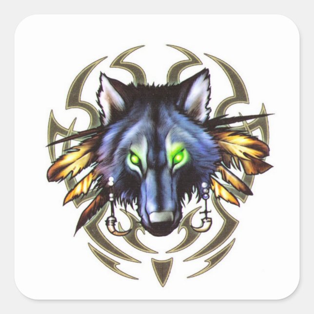 Pegatina Cuadrada Diseño de tatuajes de lobo tribal (Anverso)
