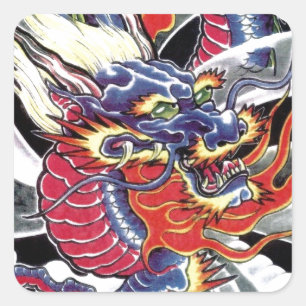 Pegatina Cuadrada Diseño de tatuajes japoneses del Dragón Azul