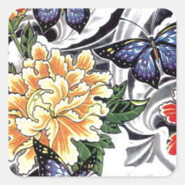 Pegatina Cuadrada Diseño de tatuajes para peones amarillos y maripos