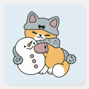 Pegatina Cuadrada Diseño de vacaciones de invierno para gato con nie